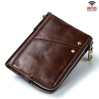 RFID-държач за карти, мъжки портфейл от естествена кожа, малка чанта за пари, луксозни джоб за монети на двоен цип, качествен мъжки клатч Carteira