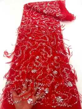 Модерна нова 3D тъкан от пера ръчно изработени, расшитая мъниста, дизайнерско сватбена рокля от висок клас, лейси плат с пайети за подиум