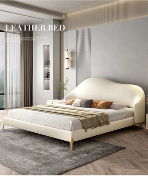 Лека екстравагантност, модерна проста мътна легло, тиха кожено легло, крем италианската минималистичная двойно легло, диван от естествена кожа