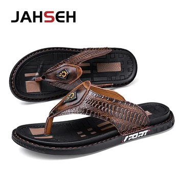 Мъжки чехли JAHSEH от естествена кожа, чехли, ръчно изработени, лятна мъжки ежедневни обувки от крокодилска кожа, нескользящая градинска мъжки плажни обувки