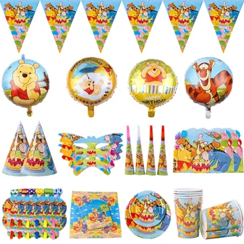 Мечо Пух, декорация за детски рожден ден, картонени чинии, чаши, Салфетки, прибори за еднократна употреба, аксесоари за парти в чест на детската душа