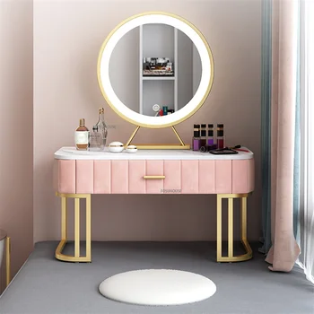 Тоалетка от скандинавския плочки за мебели, спални, лесен луксозен тоалетка с светящимся огледало, богат на функции косметичка за съхранение