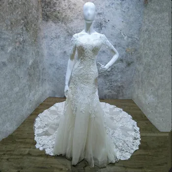 Vinca sunny, реколта дантелени сватбени рокли на Русалка с ръкави 2021, Robe De Mariee с открити рамене, сватбени рокли размер