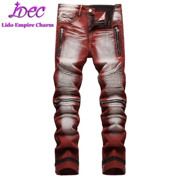 Марка LDEC, мъжки дизайнерски директни прилепнали дънки в стил мозайка, комфортни стегнати байкерские дънкови панталони