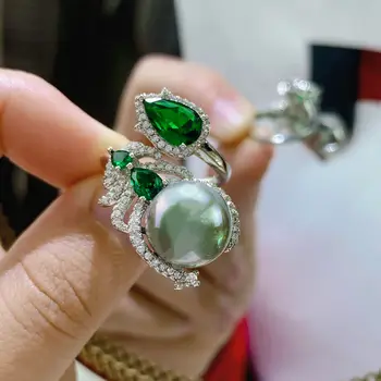 2023 Ново записване, черна перла, зелен КАМЪК, пръстени с променлив размер, Годежен пръстен от сребро 925 проба за жени, Творчески украса за коктейли