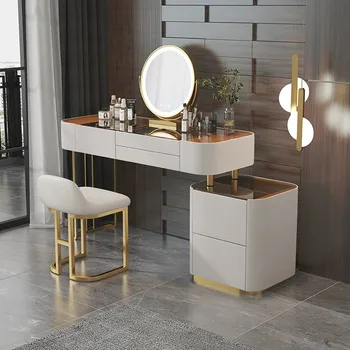 Италиански лесен луксозен тоалетка върху каменната плоча, Модерен и лесен Малка тоалетка за спалня, дизайнерско рокля Advanced Sense