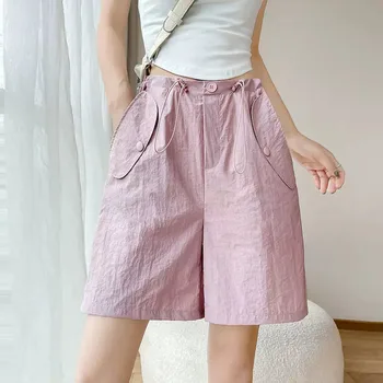 Градинска дрехи, розови къси панталони, дамски летни тънки 2023, нови ежедневни Широки спортни панталони с висока талия, еластични дамски панталони-карго с завязками