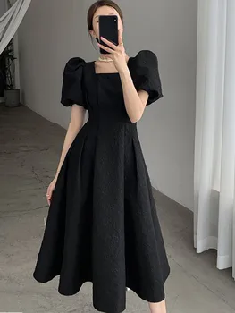 Жена ново модерен е черно-бяла лятна рокля с квадратни деколтета, френски стил, темперамент, елегантна жаккардовое рокля с пищни ръкави