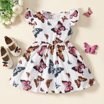 Лятото ежедневна рокля с кръгло деколте, бебешка рокля с цветове, с дълъг ръкав и пеперудата