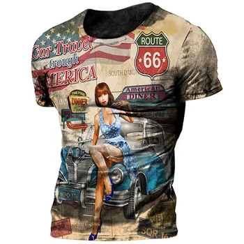 Реколта тениска Route 66 За Мъже с 3D принтом Байкерского на Мотора, Мъжки Ризи Оверсайз, Тениска Route 66 Racing, Къс ръкав, Camiseta