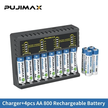 PUJIMAX 8-Слотное интелигентно зарядно устройство за NiMH/NiCd батерии AAA/AA + 4 бр 800 mah AA Ni-MH Акумулаторна батерия Здрав