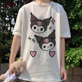 Елегантна Универсална японската тениска Sanrio Сладко Kuromi, Мека Бяла Тениска с къс ръкав за Момичета, Студентски Върховете Y2k, Лятна Дамски Дрехи