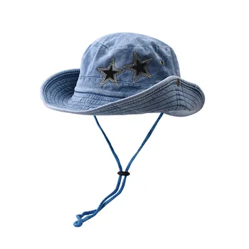 Широкополые шапки, солнцезащитная шапка, градинска алпийска шапка, дишаща абсорбирующая шапка, лъскава деним шапка с шарени звезди в ретро стил