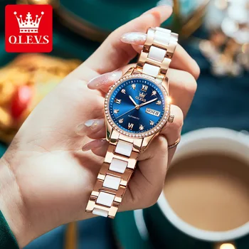 OLEVS 6637, водоустойчиви дамски часовници с керамика каишка, модерни автоматични механични дамски ръчни часовници с високо качество, светещи