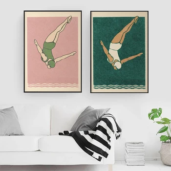 Духовна илюстрация, абстрактни розово-зелени плакати и щампи с образа на момичета-ныряльщика, боядисани стени, ретро плакат, стенно изкуство, домашна живопис, интериор