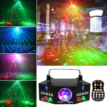 DJ Диско Топка Осветява Лазерен лъч, двойна червено-зелено с проектор 3В1 LED Magic RGBW Strobe Коледен празничен сватбен панорамен ефект