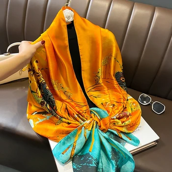 Оранжев шал с принтом Павлина, класическа сатен голяма шал, женски слънцезащитен копринен шал, Плажни аксесоари за пътуване, модерен прическа