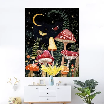 Гоблен с гъби, Луна, звезда, богемными цветни растения, естетичен, с монтиран на стената лампа за спални, черен килим в стил бохо