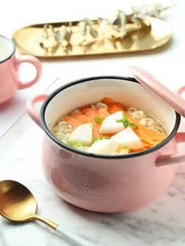 Нова японска эмалированная купа за супа, купа за спагети за бързо приготвяне с двойно ухо, керамични голяма окото червена купа с капак, чаша за кафе с мляко