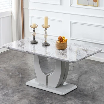 Модерен и луксозен, маса за хранене с текстура от бял изкуствен мрамор, правоъгълна маса за хранене, 64 