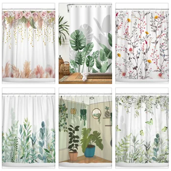 Зелени листа от растения, лози, цветя, Завеса за душ с принтом, модерен, скандинавски минималистичен начало декор от полистирол, завеса за баня с куки