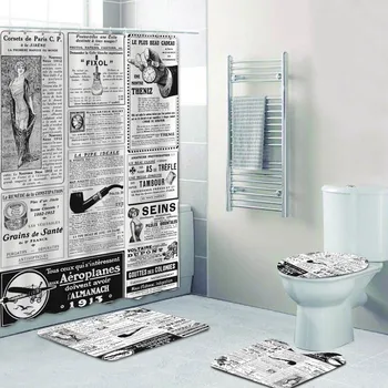 Комплект завеси за душ в ретро стил, Реколта вестник, антични стар вестник, Завеса за баня, с подложка за вана, врата черга, килим за тоалетна, Домашен декор