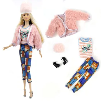 Зимна модерен комплект кукольной дрехи за Барби, розово меховое палта, панталони, шапка, обувки за кукли 1/6 BJD, аксесоари за детски играчки