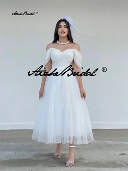 Вечерна рокля за абитуриентски бал с отворен гръб и ръкави чаена дължина, женски празнична рокля от бял тюл, кратко плажна сватбена рокля