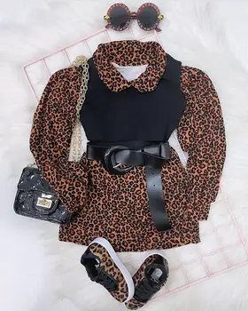 Есенен детски дрехи за момиче от 1 до 4 години, Леопардовое рокля-риза с дълги ръкави + Бретельки, Модни комплекти Дрехи за момичета от 2 теми