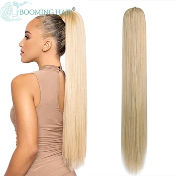 Дълга права опашка с завязками, опашка, синтетичен 30-инчов скоба за удължаване на косата за жени, топлоустойчива режийни косата