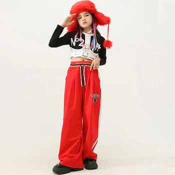 Детски облекла в стил хип-хоп, тийнейджърката облекло в стил krop-поп, съкратен потник, Риза, червена ежедневни градинска облекло, Панталони за момичета, дрехи за джаз танци