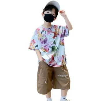 Ежедневни облекла за момчета, Детска тениска с цветя, къс ръкав + Шорти, Облекло от две части, корейски летни костюми за деца и юноши