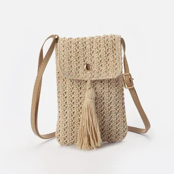 Дамска сламена плажна чанта, празнична чанта за мобилен телефон, лятна мини чанта през рамо с пискюли за дама, за пътуване в бохемски стил