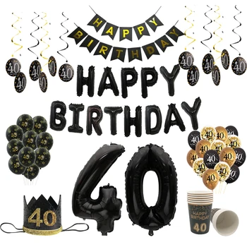 40 години, Черен Златна банер с въздушно топка, Съдове за готвене, Принадлежности за рожден Ден, на 40-то мъж, Жена, честит рожден Ден, Юбилейна декор
