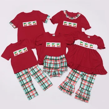 2023 Нов стил, детски костюм за момичета с коледна бродерия, с дълъг ръкав в червен цвят, сини панталони, детски дрехи-хавлия