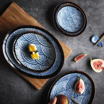Керамична чиния с японски сини една вълнообразна модел, кръгла чиния пържола, посуда, Голяма чиния за салата, пици, Посуда и прибори за хранене, кухненски принадлежности