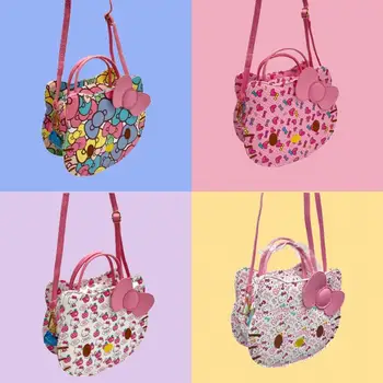 Детска чанта-месинджър Kawaii на Hello Kitty с анимационни принтом, детска чанта-месинджър от изкуствена кожа, аниме Sanrioed, мило сърце за момичета, портфейл за монети, дамски чанти на рамо, подарък за момичета