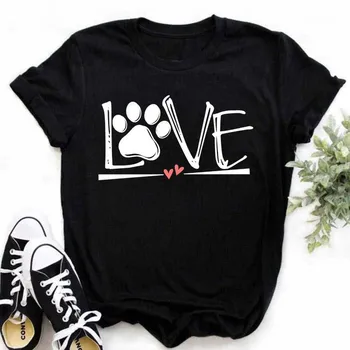 Женска тениска с принтом кучешки лапи, сладки любовни лапи, женски коледни блузи с къс ръкав и анимационни принтом, дамски тениски, тениски с графичен дизайн