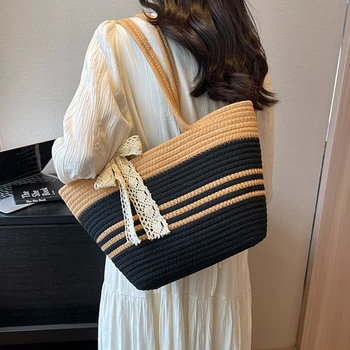 Нова чанта, изработена от памучни нишки, ръчно вязаная плетени дамски летни ежедневни плажна количка с голям капацитет, пътна слама ракита чанта