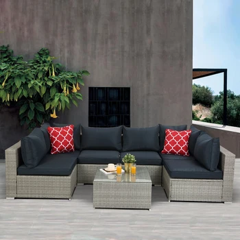 Градинска градински мебели за двор от 7 теми, сплетен на секционни диван от ратан с 2 възглавници и масичка за кафе