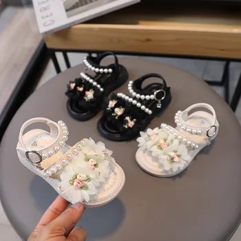 Нови летни сандали за момичета, детски обувки за бебета 2023, детски обувки с цветя, принцеси, расшитая мъниста, детски сандали на равна подметка, детска плажна обувки