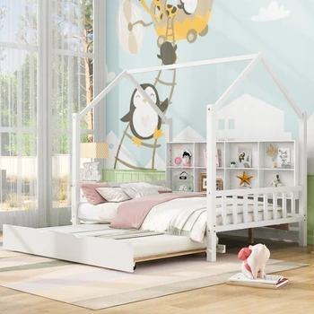 Дървено легло за дома в реален размер, с чекмедже, бебешко легло с рафт, бял