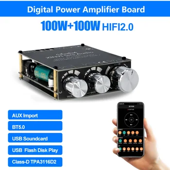 100 W + 100 W Стерео Bluetooth 5,0 Такса Усилвател на мощност на звука HiFi2.0 Клас D TPA3116D2 с приложение за Android и IOS