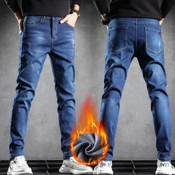 Зимни Нови мъжки топли флисовые тесни дънки, дизайн, сгъстено стрейчевые сини дънкови панталони, мъжка марка дрехи 38
