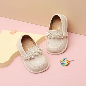Кожени обувки на принцесата с перли за момичета, пролетно-есенен детски обувки за ходене, летни детски прости сандали 0-1-3 години