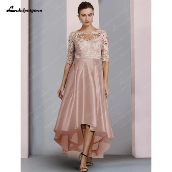 Елегантна розова рокля за майката на булката, сватбена рокля за гости, елегантна кръгла деколте, дължина до чайна, атласное дантела, половината ръкави