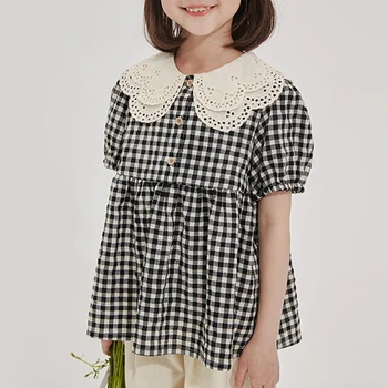 Тениска в черно-бялата клетка в ретро стил за момичета, лятна нова детска лейси кукла с яка, тънки върхове, красиви ризи TZ295