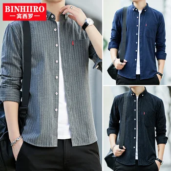 BINHIRO/ пролетни нови мъжки ежедневни обикновена риза с дълъг ръкав обикновена засаждане, с един накладным джоб, копчета, шарени блузи, риза за мъже