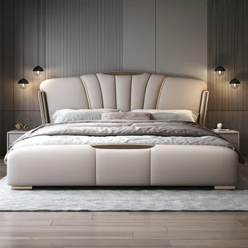 Италианска лека луксозно кожено легло, двойно легло в основната спалня и 1,8 м, модерна минималистичная легло от изкуствена кожа, легло за съхранение на кутии се на височина 1,5 м.