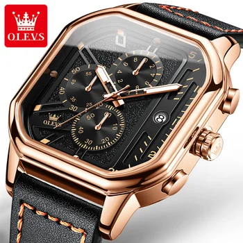OLEVS/ нов мъжки часовник с квадратна хронограф, кварцови часовници за мъже, водоустойчиви часовници с нежна дата, кожена каишка, спортен тенденция